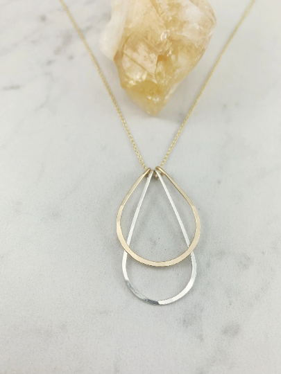 Mixed Metal Art Deco Necklace with Gold Chain | Teardrop Necklace | Layering Necklace | Hammered Pendant | Boho Necklace