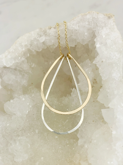 Mixed Metal Art Deco Necklace with Gold Chain | Teardrop Necklace | Layering Necklace | Hammered Pendant | Boho Necklace