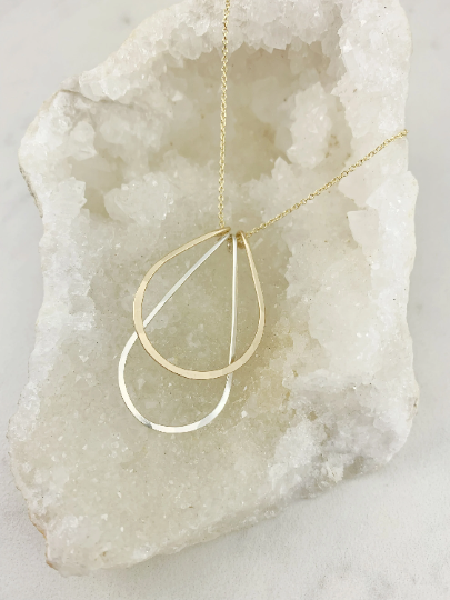 Mixed Metal Art Deco Necklace with Gold Chain | Teardrop Necklace | Layering Necklace | Hammered Pendant | Boho Necklace
