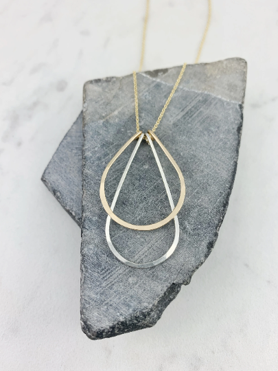 Mixed Metal Art Deco Necklace with Gold Chain | Teardrop Necklace | Layering Necklace | Hammered Pendant | Boho Necklace