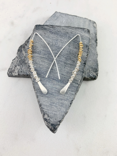 Silver Mixed Metal Pull Through Earrings | Boho Threader Earrings | Minimalist Earrings | Delicate Earrings | Dainty Open Hoops |  Arc Earrings
