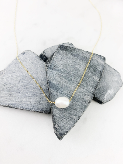 Gold Floating Pearl Necklace | Dainty Pendant | Birthstone Necklace | Layering Pendant | Small Boho Necklace | Minimalist Necklace | 14 K Gold Filled