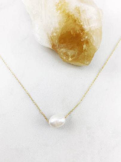 Gold Floating Pearl Necklace | Dainty Pendant | Birthstone Necklace | Layering Pendant | Small Boho Necklace | Minimalist Necklace | 14 K Gold Filled