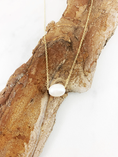 Gold Floating Pearl Necklace | Dainty Pendant | Birthstone Necklace | Layering Pendant | Small Boho Necklace | Minimalist Necklace | 14 K Gold Filled