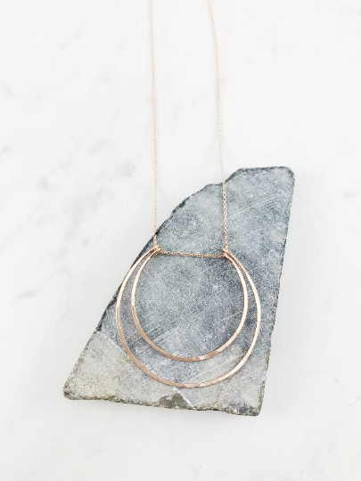 Rose Gold Crescent Moon Necklace | Boho Moon Necklace | Celestial Jewelry | Open Circles Pendant | Moon Necklace | Hoop Necklace | Hammered Pendant