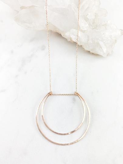 Rose Gold Crescent Moon Necklace | Boho Moon Necklace | Celestial Jewelry | Open Circles Pendant | Moon Necklace | Hoop Necklace | Hammered Pendant