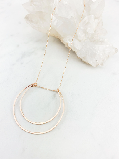 Rose Gold Crescent Moon Necklace | Boho Moon Necklace | Celestial Jewelry | Open Circles Pendant | Moon Necklace | Hoop Necklace | Hammered Pendant
