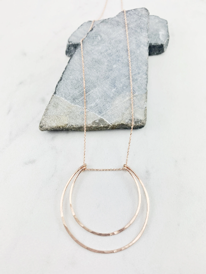 Rose Gold Crescent Moon Necklace | Boho Moon Necklace | Celestial Jewelry | Open Circles Pendant | Moon Necklace | Hoop Necklace | Hammered Pendant