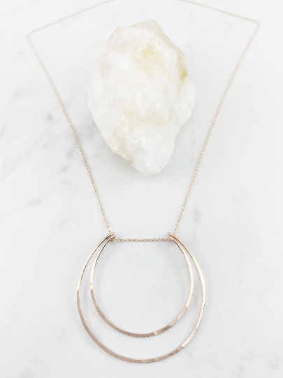 Rose Gold Crescent Moon Necklace | Boho Moon Necklace | Celestial Jewelry | Open Circles Pendant | Moon Necklace | Hoop Necklace | Hammered Pendant