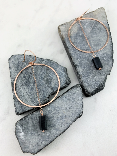 Rose Gold Shungite Hoop Earrings | Rose Gold Hoop Earrings | Hammered Hoop Earrings | Rose Gold Earrings | Geometric Earrings | Statement Earrings