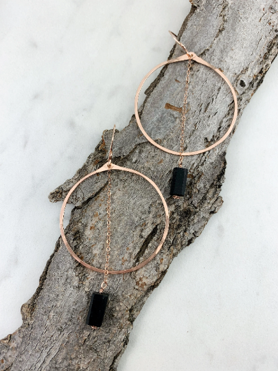 Rose Gold Shungite Hoop Earrings | Rose Gold Hoop Earrings | Hammered Hoop Earrings | Rose Gold Earrings | Geometric Earrings | Statement Earrings