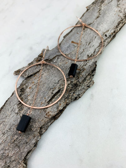 Rose Gold Shungite Hoop Earrings | Rose Gold Hoop Earrings | Hammered Hoop Earrings | Rose Gold Earrings | Geometric Earrings | Statement Earrings