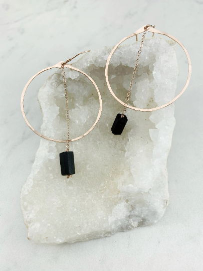 Rose Gold Shungite Hoop Earrings | Rose Gold Hoop Earrings | Hammered Hoop Earrings | Rose Gold Earrings | Geometric Earrings | Statement Earrings
