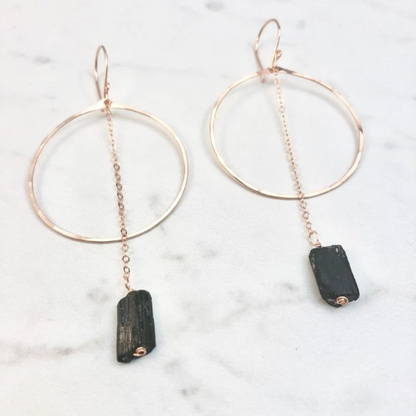 Rose Gold Shungite Hoop Earrings | Rose Gold Hoop Earrings | Hammered Hoop Earrings | Rose Gold Earrings | Geometric Earrings | Statement Earrings