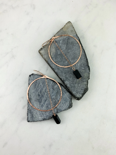 Rose Gold Shungite Hoop Earrings | Rose Gold Hoop Earrings | Hammered Hoop Earrings | Rose Gold Earrings | Geometric Earrings | Statement Earrings