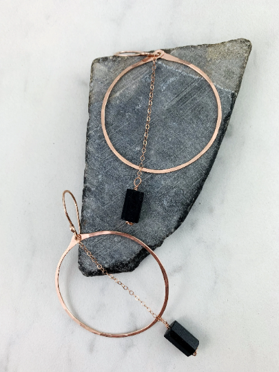 Rose Gold Shungite Hoop Earrings | Rose Gold Hoop Earrings | Hammered Hoop Earrings | Rose Gold Earrings | Geometric Earrings | Statement Earrings