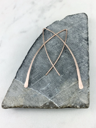 Rose Gold Threader Earrings | Arc Earrings | Open Hoops | Hammered Hoops | Delicate Earrings | Dainty Open Hoops | Pull Through Earrings