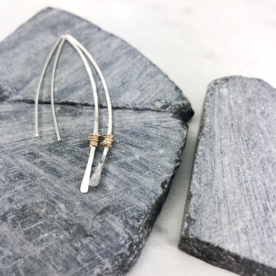 Hammered Sterling Silver and Gold Wire Wrapped Threader Earrings