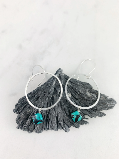 Sterling Silver Hoop and Turquoise Square Earrings