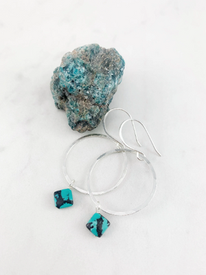 Sterling Silver Hoop and Turquoise Square Earrings