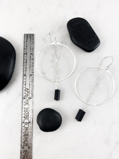 Silver Shungite Hoop Earrings | Large Hoops | Black Stone Dangle Earrings | Boho Hoop Earrings | boho dangle earrings