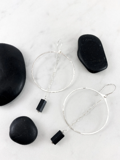 Silver Shungite Hoop Earrings | Large Hoops | Black Stone Dangle Earrings | Boho Hoop Earrings | boho dangle earrings