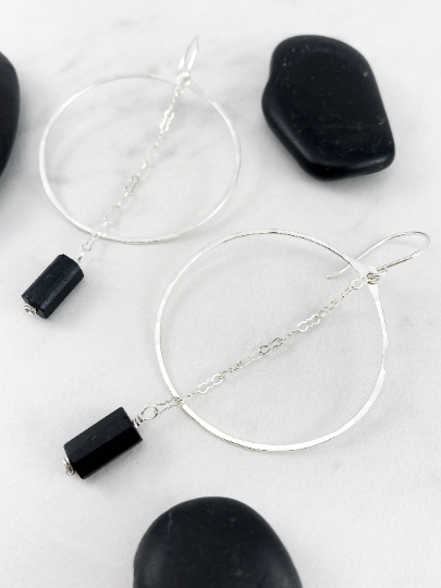 Silver Shungite Hoop Earrings | Large Hoops | Black Stone Dangle Earrings | Boho Hoop Earrings | boho dangle earrings