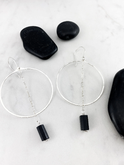 Silver Shungite Hoop Earrings | Large Hoops | Black Stone Dangle Earrings | Boho Hoop Earrings | boho dangle earrings