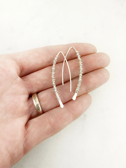 Hammered Sterling Silver Boho Threader Earrings with silver wire wrap, minimalist earrings, delicate earrings, threader earrings, open hoops