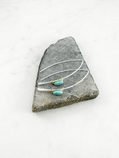 Mixed Metal Turquoise Pull Through Earrings | Arch Earrings | Hammered Threaders | Boho Earrings | Turquoise Earrings | Turquoise Jewelry | Delicate Earrings | Birthstone Earrings | December Birthstone