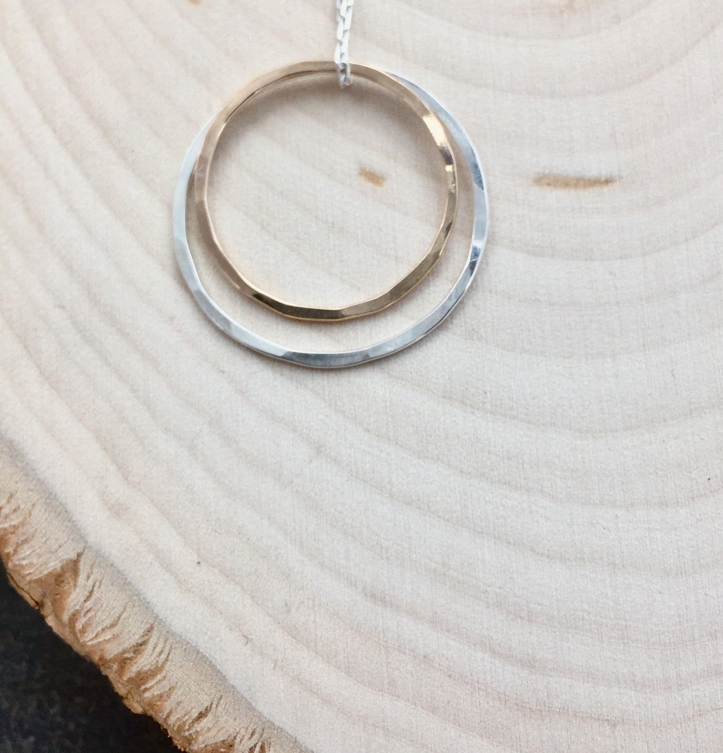 Gold and Silver Circle Necklace | Karma Necklace | Mixed Metal Pendant | Hammered Hoop Necklace | Boho Necklace | Dainty Necklace