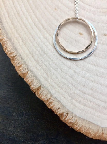 Gold and Silver Circle Necklace | Karma Necklace | Mixed Metal Pendant | Hammered Hoop Necklace | Boho Necklace | Dainty Necklace