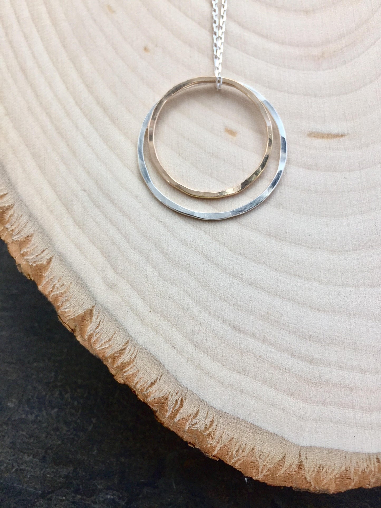 Gold and Silver Circle Necklace | Karma Necklace | Mixed Metal Pendant | Hammered Hoop Necklace | Boho Necklace | Dainty Necklace