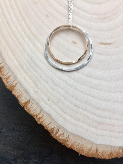 Gold and Silver Circle Necklace | Karma Necklace | Mixed Metal Pendant | Hammered Hoop Necklace | Boho Necklace | Dainty Necklace
