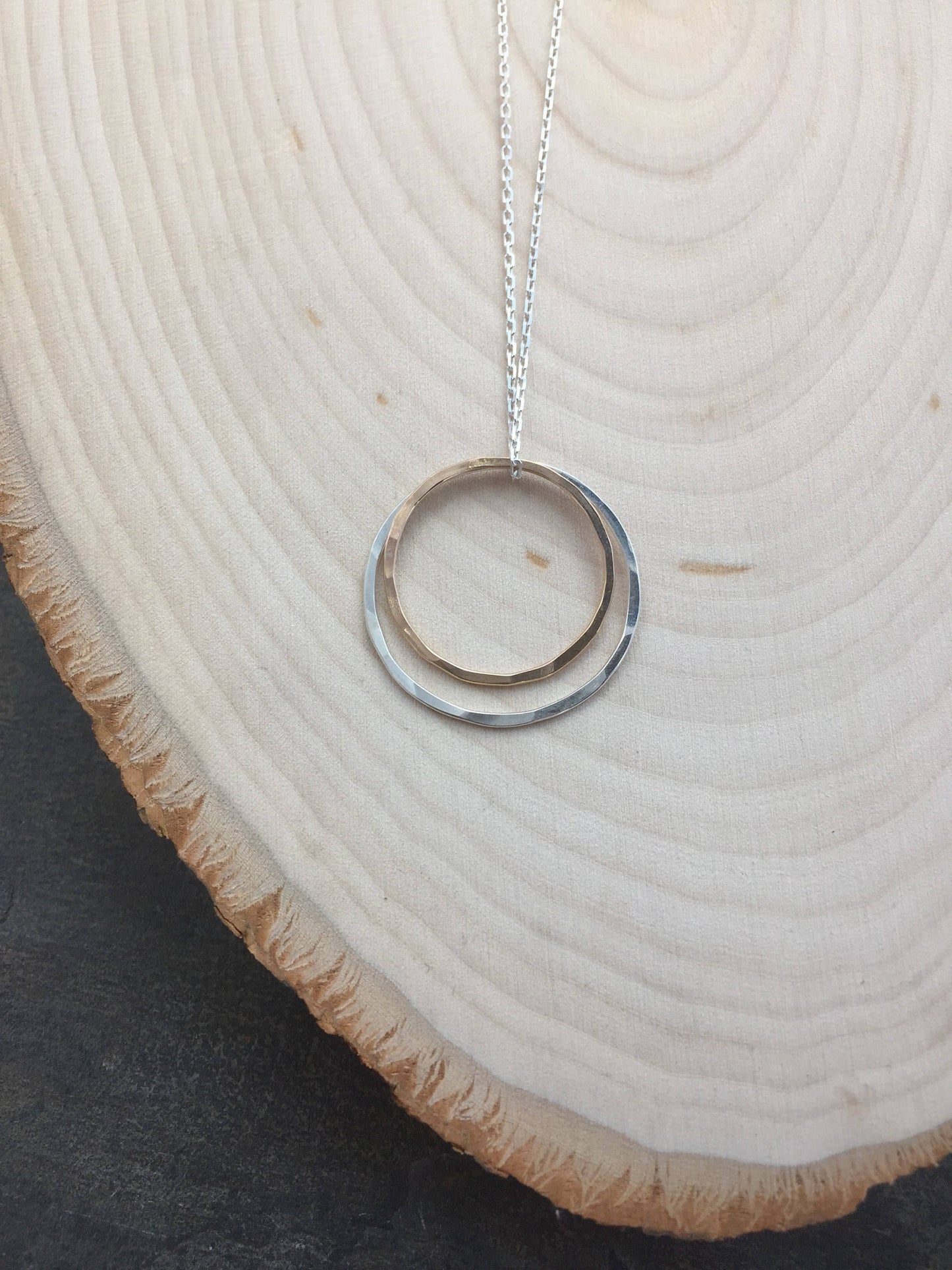 Gold and Silver Circle Necklace | Karma Necklace | Mixed Metal Pendant | Hammered Hoop Necklace | Boho Necklace | Dainty Necklace