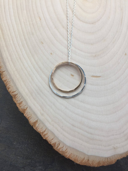 Gold and Silver Circle Necklace | Karma Necklace | Mixed Metal Pendant | Hammered Hoop Necklace | Boho Necklace | Dainty Necklace