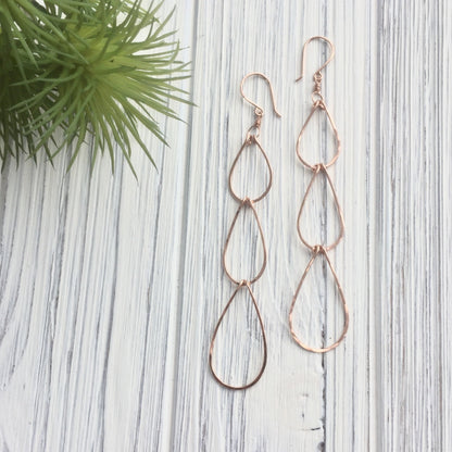 Rose Gold Triple Teardrop Earrings | Waterfall Earrings | Rose Gold Boho Earrings | Teardrop Earrings | Open Teardrops | Lightweight Earrings | Statement Earrings