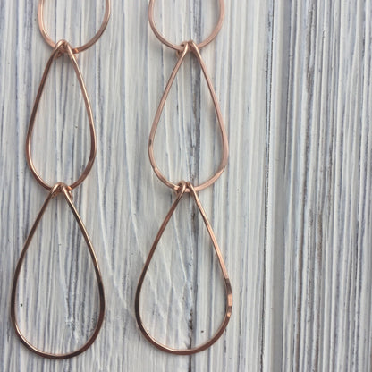 Rose Gold Triple Teardrop Earrings | Waterfall Earrings | Rose Gold Hammered Earrings | 14 K Rose Gold Fill