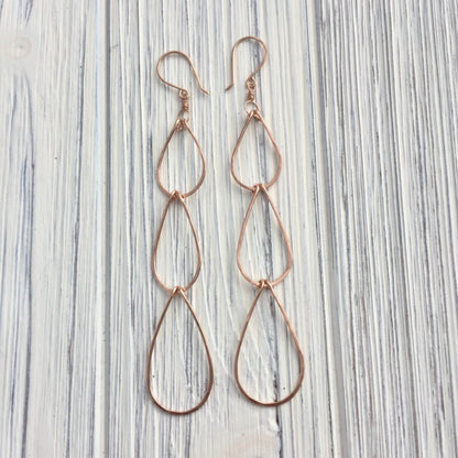 Rose Gold Triple Teardrop Earrings | Waterfall Earrings | Rose Gold Boho Earrings | Teardrop Earrings | Open Teardrops | Lightweight Earrings | Statement Earrings