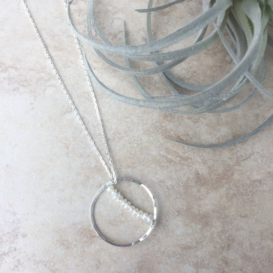 Silver Pearl Circle Necklace | Pearl Necklace | Crescent Moon Necklace | Boho Pearl Necklace | Dainty Necklace | Delicate Necklace | Sterling Silver