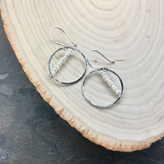 Sterling Silver Strung Pearl Hoop Earrings