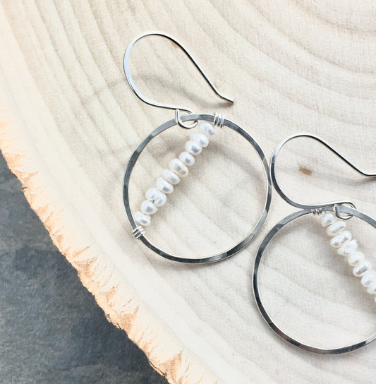 Sterling Silver Strung Pearl Hoop Earrings