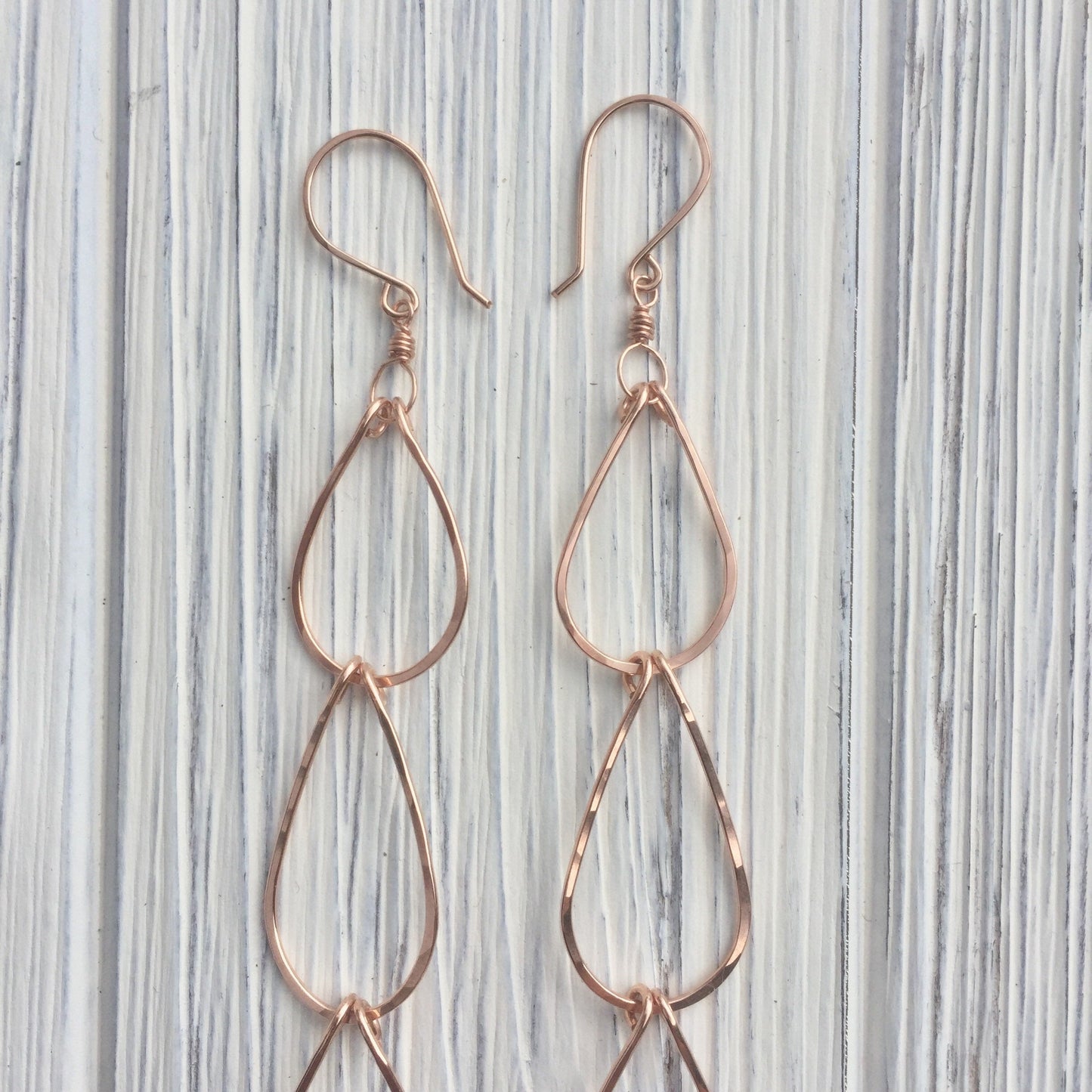 Rose Gold Triple Teardrop Earrings | Waterfall Earrings | Rose Gold Hammered Earrings | 14 K Rose Gold Fill