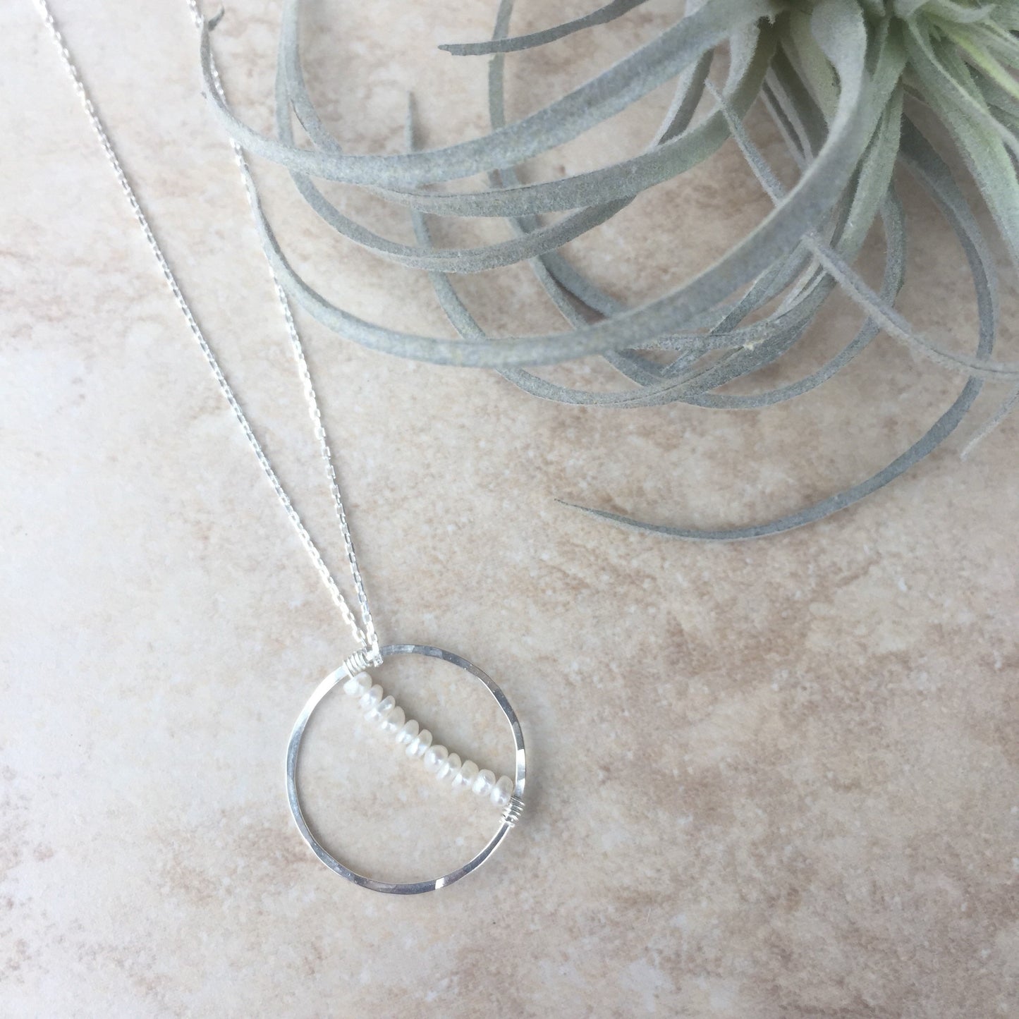 Silver Pearl Circle Necklace | Pearl Necklace | Crescent Moon Necklace | Boho Pearl Necklace | Dainty Necklace | Delicate Necklace | Sterling Silver