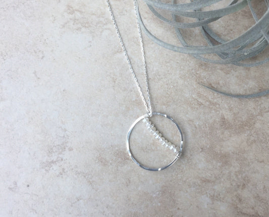 Silver Pearl Circle Necklace | Pearl Necklace | Crescent Moon Necklace | Boho Pearl Necklace | Dainty Necklace | Delicate Necklace | Sterling Silver