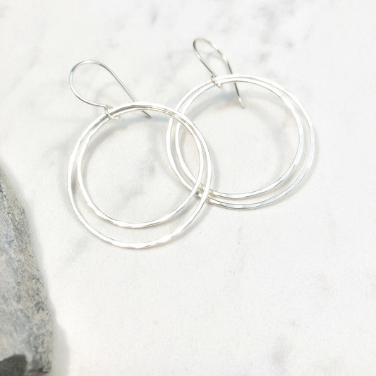 Medium Silver Round Double Hoop Earrings | Silver Hoop Earrings | Boho Hoops | Hammered Hoops | Handmade Silver Earrings | Open Hoops | Lightweight Earrings