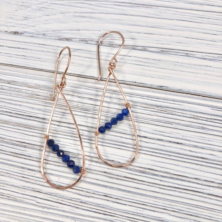 Skinny Rose Gold Lapis Teardrop Earrings | Teardrop Earrings | Asymmetric Earrings | Lapis Earrings | Boho Hoops | Lightweight Earrings | Edgy Earrings | Modern Earrings