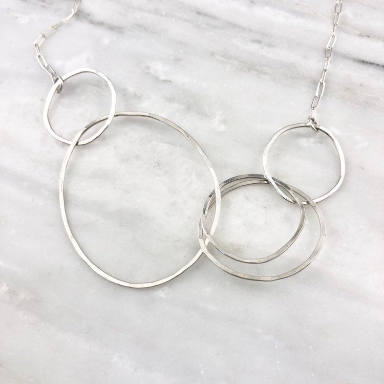 Silver Linked Circle Necklace | Silver Link Necklace | Interlocking Necklace | Statement Necklace | Silver Boho Necklace | Floating Circle Necklace | Hoop Pendant | Sterling Silver