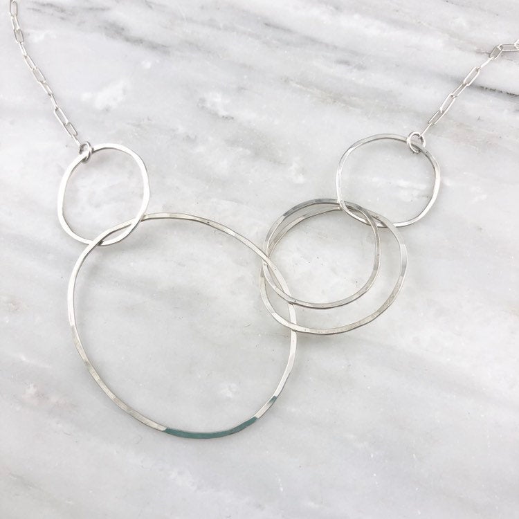 Silver Linked Circle Necklace | Silver Link Necklace | Interlocking Necklace | Statement Necklace | Silver Boho Necklace | Floating Circle Necklace | Hoop Pendant | Sterling Silver