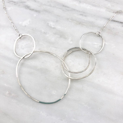 Silver Linked Circle Necklace | Silver Link Necklace | Interlocking Necklace | Statement Necklace | Silver Boho Necklace | Floating Circle Necklace | Hoop Pendant | Sterling Silver